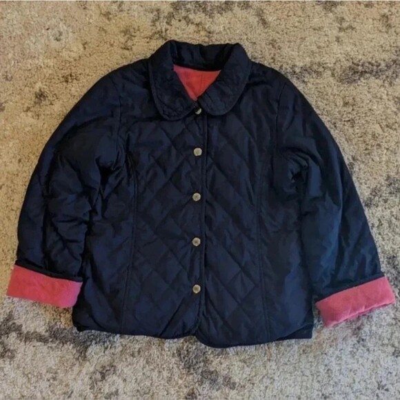 Lands End Reversible Quilted Barn Coat, Navy and Pink, Girls Size 6X - Picture 1 of 11
